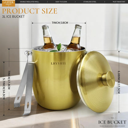 Ice Buckets for Parties with Lid,Tongs and Strainer (3L/Silver) Double Wall Stainless Steel Ice Bucket Keeps Frozen Longer,Ideal Perfect for Parties, Cocktail bar, Chilling Wine, Champagne