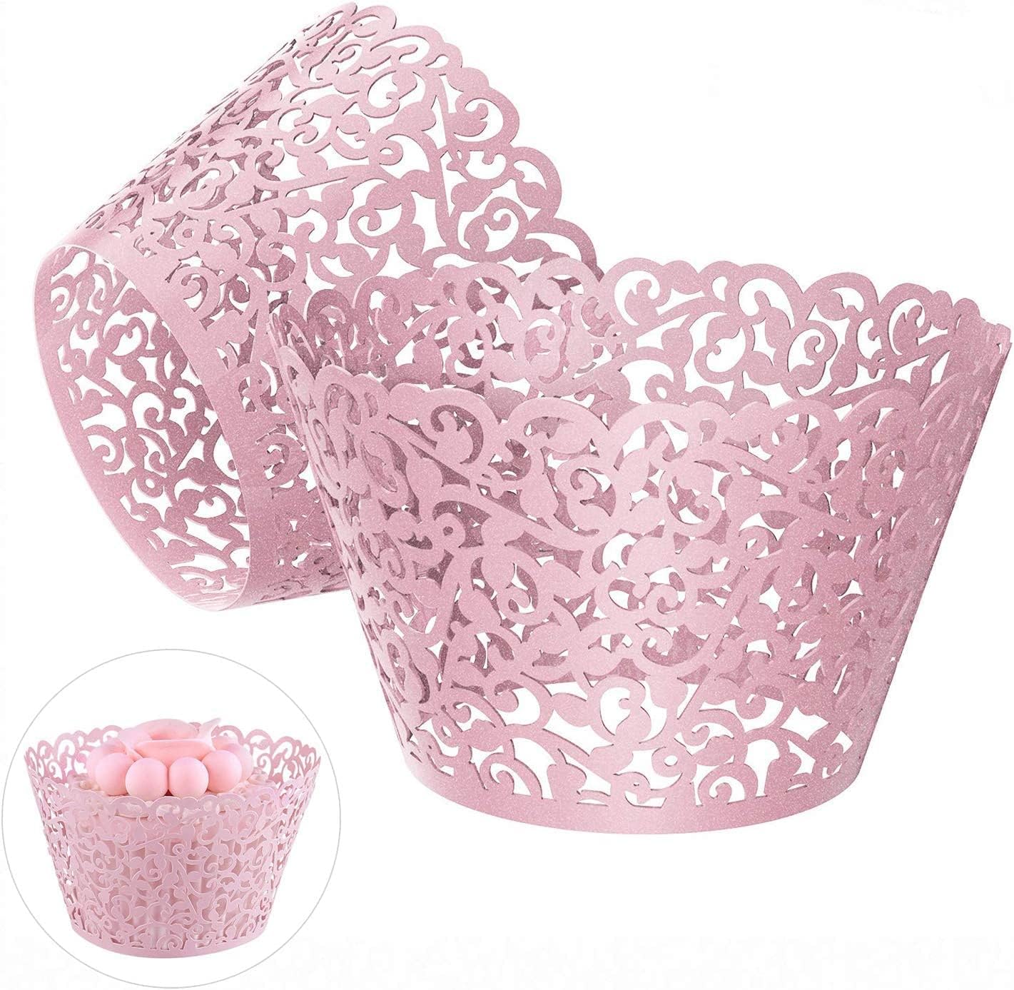 50 Pcs White Pearl Lace Laser Cut Filigree Wedding Cupcake Wrapper Baking Cake Cups Wraps Cupcake Muffin Case Trays for Special Occasions