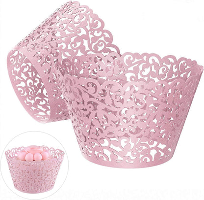 50 Pcs White Pearl Lace Laser Cut Filigree Wedding Cupcake Wrapper Baking Cake Cups Wraps Cupcake Muffin Case Trays for Special Occasions