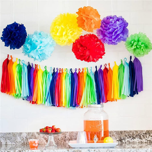 35Pcs Rainbow Tassel Garland Tissue Paper Tassel Banner Decoration for Wedding,Birthday, Group Activities and Games