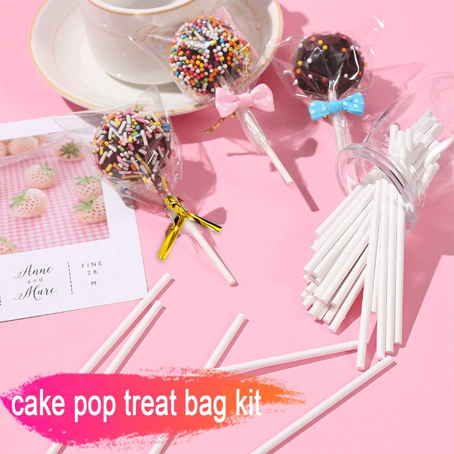 300PCS Lollipop Cake Pop Treat Bag Set Including 100pcs Parcel Bags, Papery Treat Sticks, Gold Metallic Twist Ties for Making Candies, Chocolates and Cookies