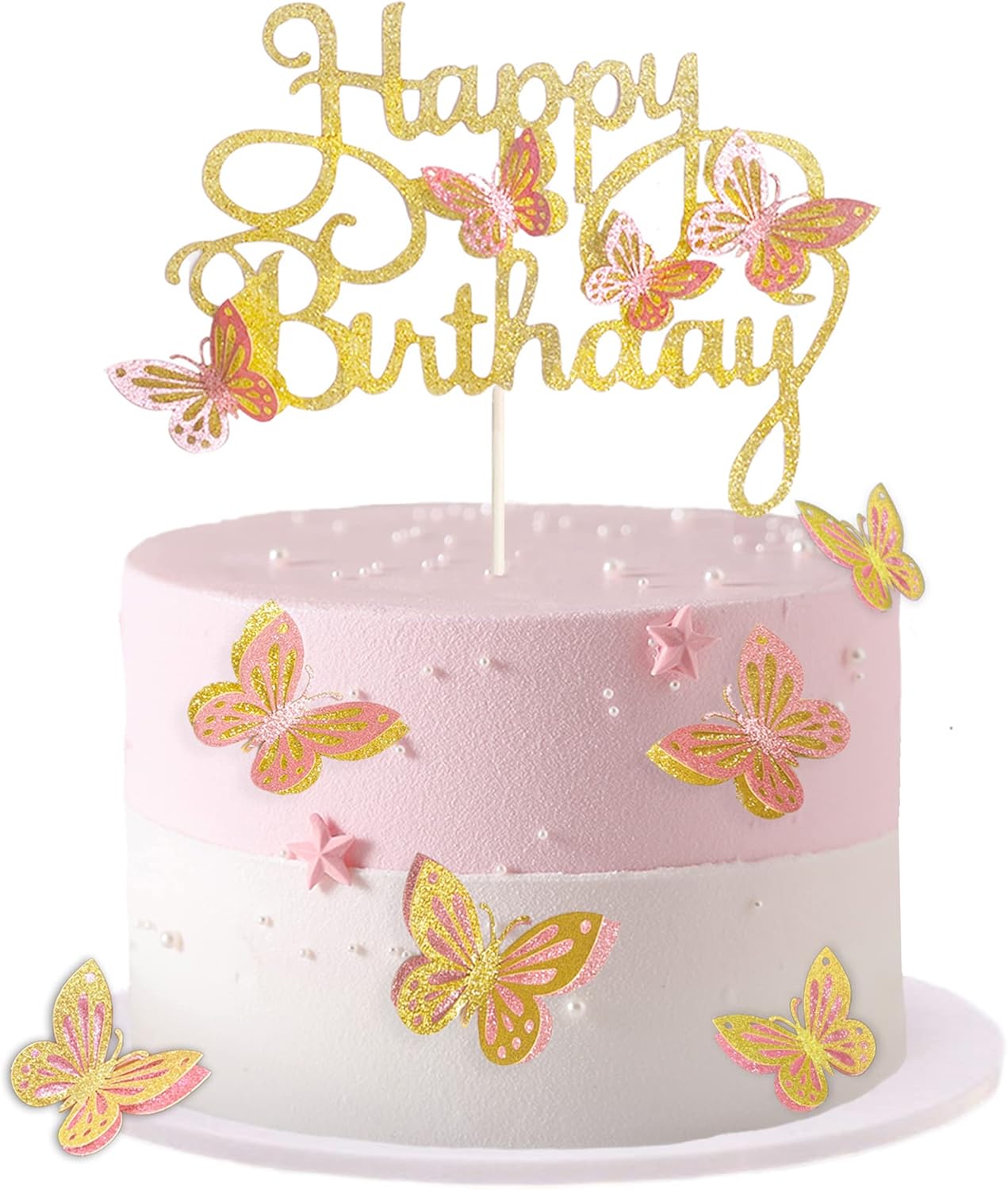 13-Pieces 3D Butterfly Cupcake Topper for Girls Women's Happy Birthday Cake Decorations Party Decorations(Pink)