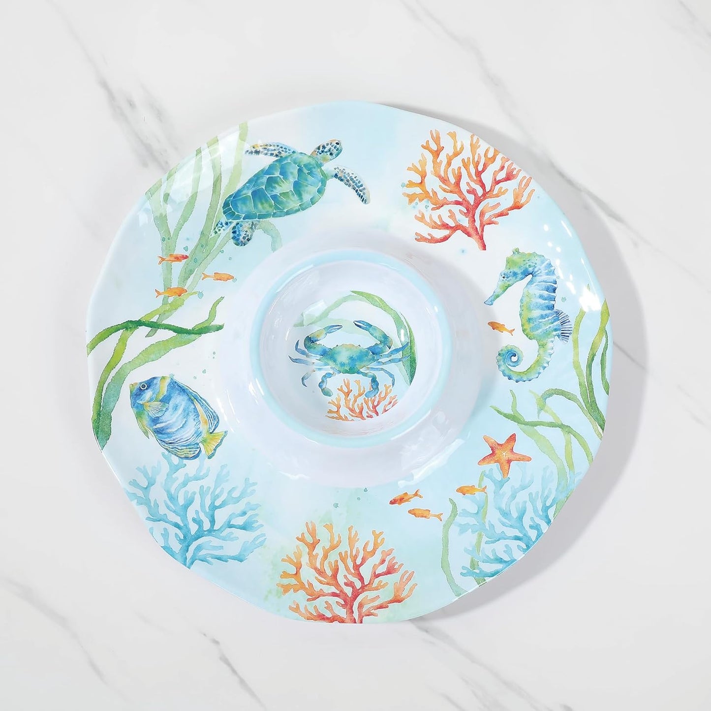 UPware Sea Life Melamine Chip and Dip Serving Tray, Round Serving Platter for Chips, Salsa, Fruit, and Snacks, Multicolor, 13.5 Inch