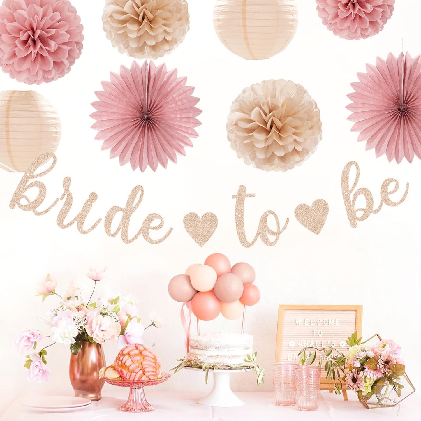 Champagne-Gold Beige Fall Baby-Shower Party-Decorations - 36pcs Welcome Home Banner Sign,Neutral Paper Lanterns,Girl Streamers Garland,Boho Hanging Tissue Pom Poms Flowers Fans Backdrop Decor Burgleda