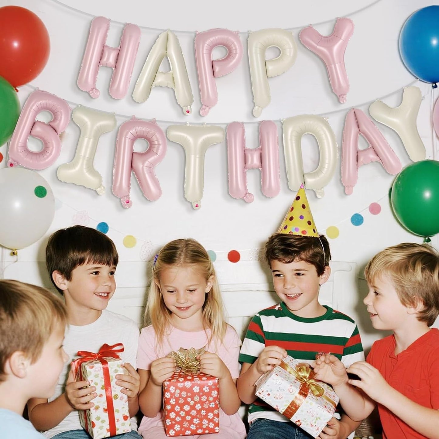 Happy Birthday Balloons Banner, Foil Balloon Personalized Name Letters Balloons Sign Birthday Party Decorations for Women Men Boys Girls Cream