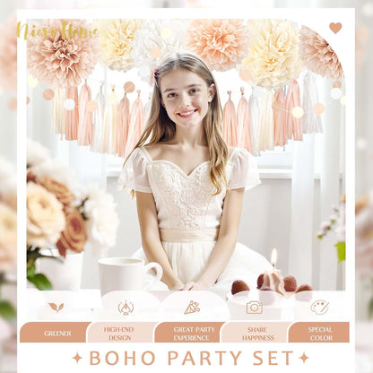 NICROHOME EUR Boho Wedding Decorations, 28PCS Rustic Neutral Creamy White Tissue Paper Pom Poms Tassel, Dots Paper Garland Decor Packages for Baby Shower Birthday Bridal Shower Party Table