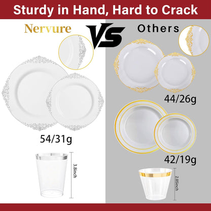 Nervure 350PCS Gold Plastic Plates - Gold Plastic Dinnerware Sets for 50 Guests - 100 Disposable Plates, 150 Silverware, 50 Cups, 50 Napkins for Wedding & Party & Mothers Day