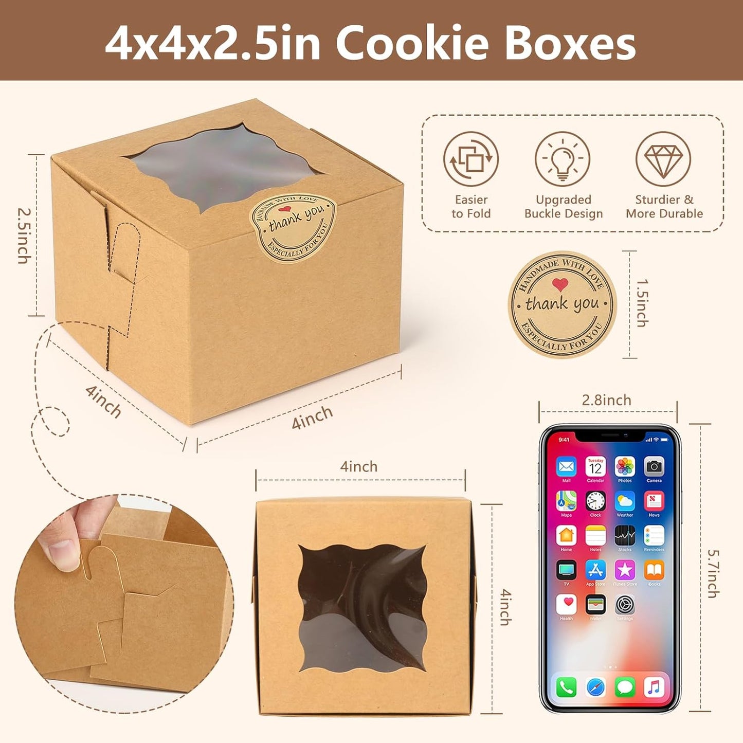 80 Pack Cookie Boxes with Window, 4x4x2.5 Inch Kraft Bakery Boxes for Treats, Desserts, Mini Cakes, Cookies, Pastries, Donuts, Macarons, Strawberries, Chocolate & Gift Giving (Brown, with Stickers)
