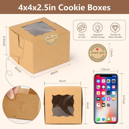 80 Pack Cookie Boxes with Window, 4x4x2.5 Inch Kraft Bakery Boxes for Treats, Desserts, Mini Cakes, Cookies, Pastries, Donuts, Macarons, Strawberries, Chocolate & Gift Giving (Brown, with Stickers)