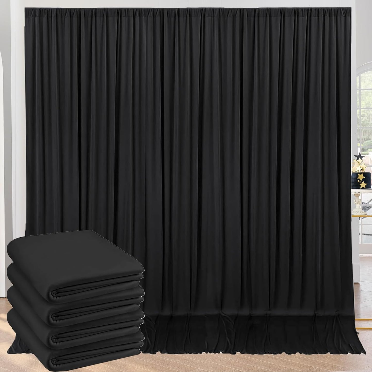 10ftx10ft Black Backdrop Curtains for Weddings Parties, Wrinkle Free 2 Panels Silky Polyester Photo Backdrop Drapes Back Drop Cloth Drapery for Birthday Mother'sDay Photography Background