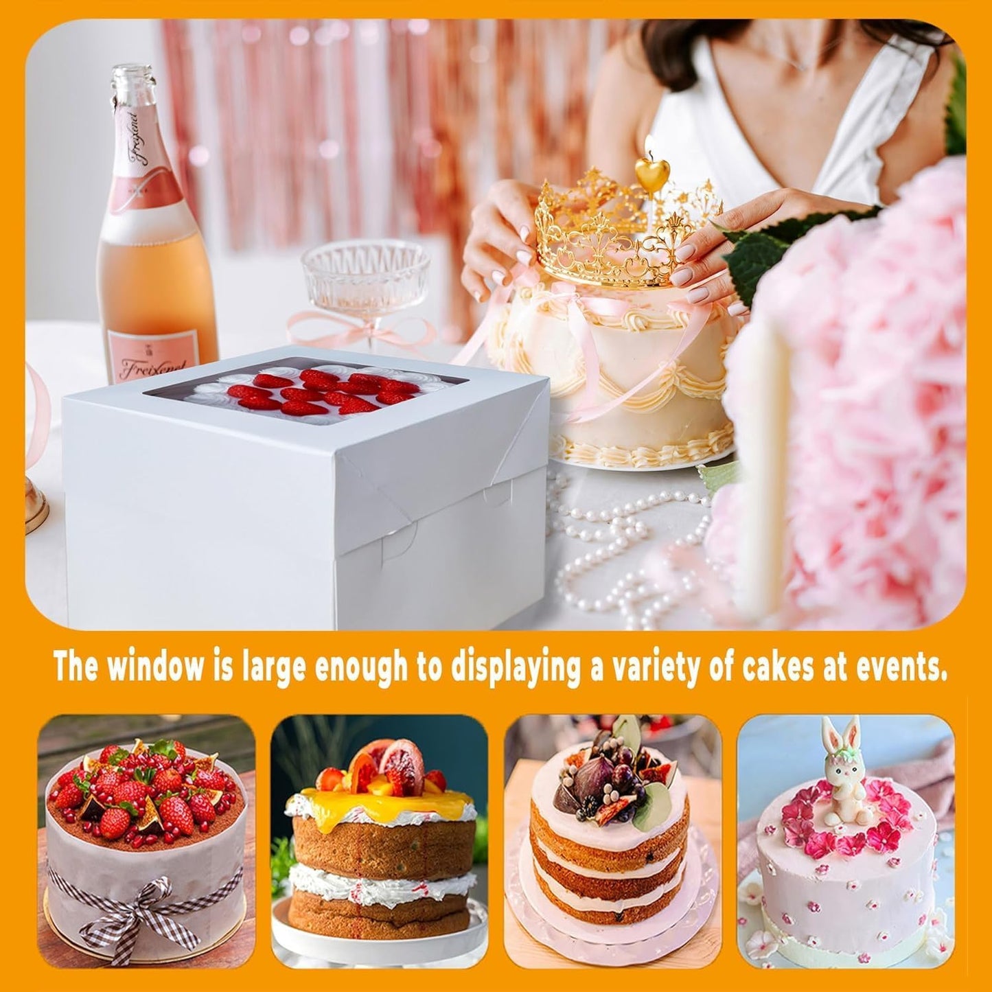 12x12x12 Inches Cake Boxes with Cake Boards, 3 Pack Premium Tall Cheesecake Boxes with Display Window for Christmas, Birthday, Wedding