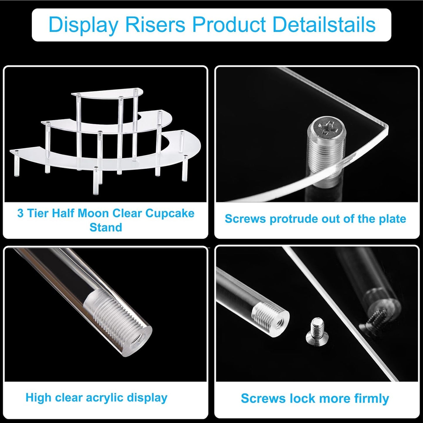 HENABLE Acrylic Display Risers, 3 Tier Clear Cupcake Perfume Stand Organizer, Half Moon Dessert Stand for Display, Food, Amiibo Funko POP Figure (2half