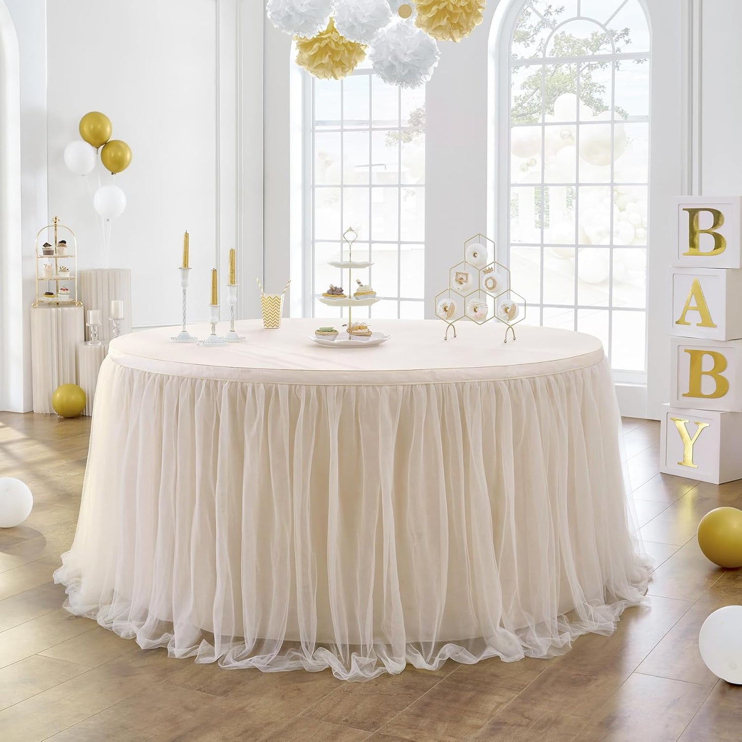 72inch Champagne Gold Tulle Table Skirts for Rectangle Round Tables, Gold Grim Ruffle Tulle Tutu Cloth Table Skirt 6ft for Wedding Birthday Party Cake Dessert Decor(No Top Cover)
