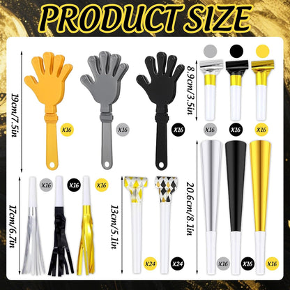 JarThenaAMCS 240 Pcs Noise Makers 48 Pcs 7.5 Inch Clapping Hands, 48 Horns, 48 Metallic Fringed Noisemakers, 48 Blowouts and 48 Blowers Whistles for Graduation Wedding Birthday Party Supplies