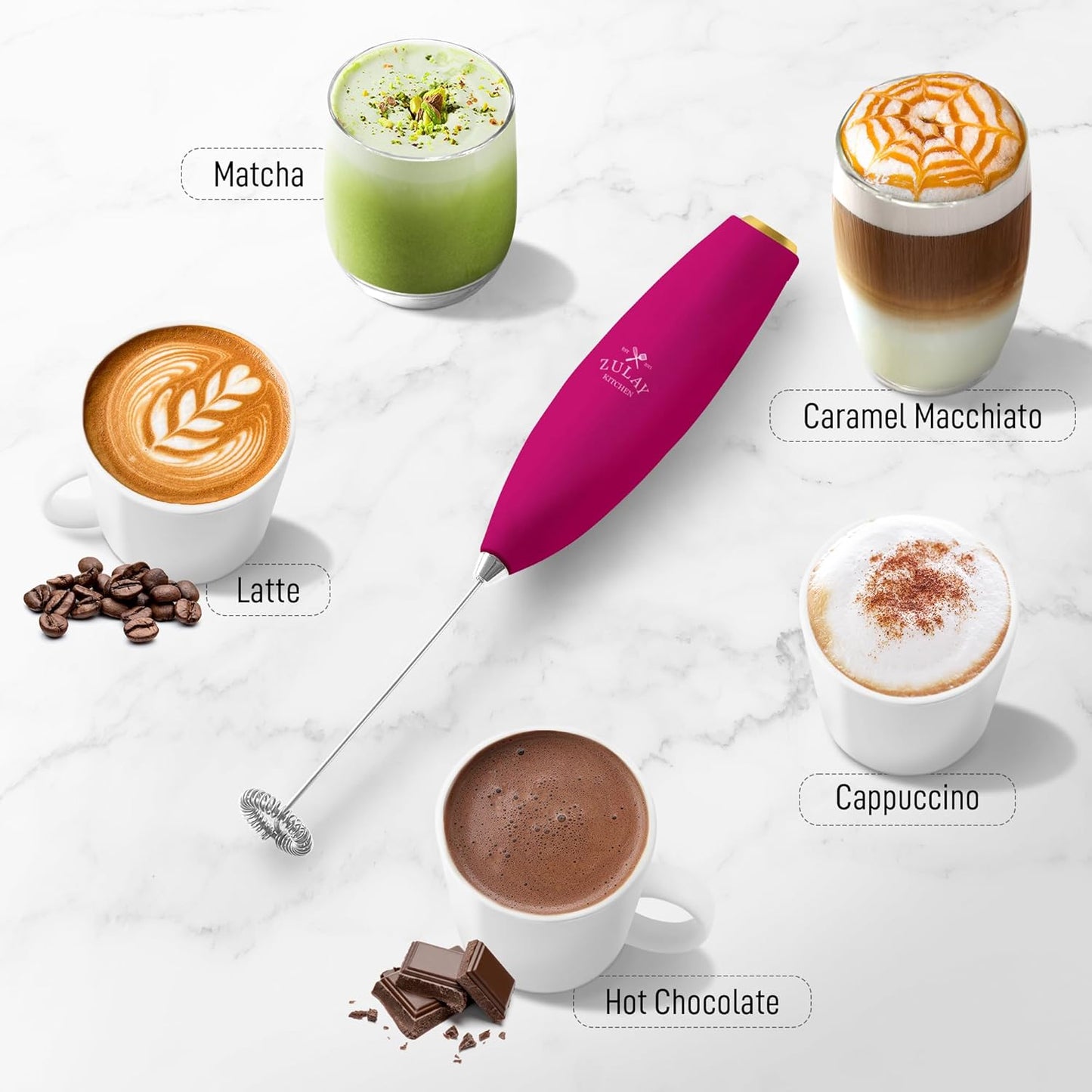 Zulay Kitchen Powerful Milk Frother AA Batteries Included – Ultra Fast Handheld Drink Mixer with Stainless Steel Whisk Stirrer for Coffee, Protein, Matcha & More, Frother Wand Electric Frothmate Black - Colors E