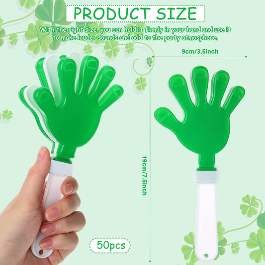 50 Pcs 7.5 Inch Green/White Hand Clapper Plastic Noise Makers for Sporting Events St. Patrick's Party Hand Clappers Noisemakers for St. Patrick's Day Party Favors Birthday Sports Game Celebration
