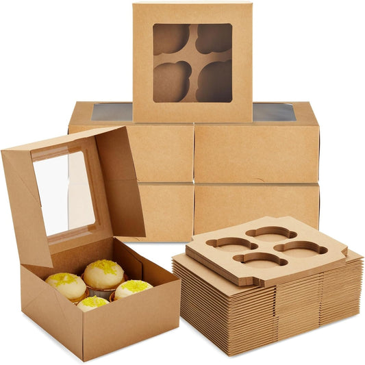 Juvale Cupcake Boxes - 6 x 6 in, 24 Count, Brown - 4-Cup Insert & Clear Window Cupcake Containers & Muffin Boxes