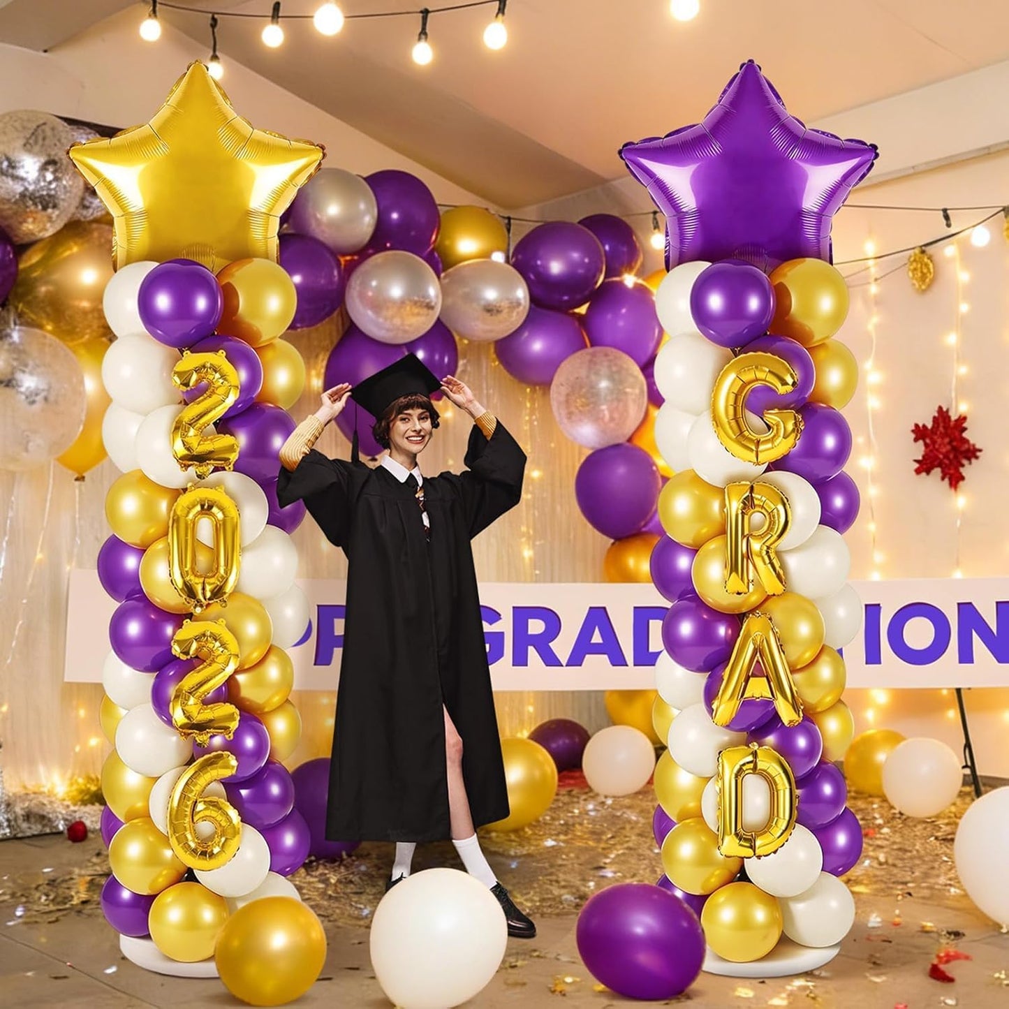 2 Sets Graduation Balloon Column Stand Kits with Balloons 2026 Grad Themed Decoration Navy Blue Balloon Tower Stand Kit for Grad High School & College Celebration Party Decor