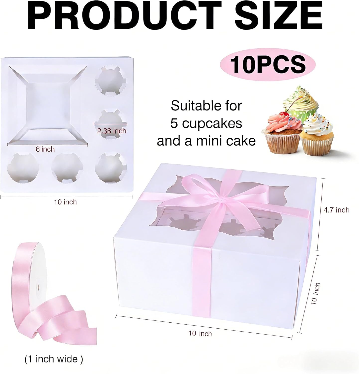 10-Pack Cupcake Box Combo with Clear Window, 1 Small Cake and 5 Cupcakes Storage Container, Ribbon and Stickers for Birthday Party, Mother's Day (10 pcs+ ribbon)