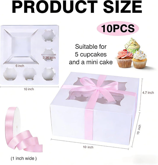 10-Pack Cupcake Box Combo with Clear Window, 1 Small Cake and 5 Cupcakes Storage Container, Ribbon and Stickers for Birthday Party, Mother's Day (10 pcs+ ribbon)