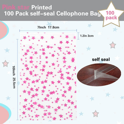 100 Pcs Star Printed 5"X 7" Gift Wrap Cello Cellophane Treat Bags Party Favor bags Clear Candy Cookie Bag Plastic Poly Goodie Storage Bag with Twist Ties for Bakery,Birthday, Wedding ,Party Decorations (Gold)