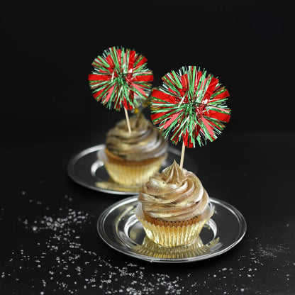 Ephlyn 30Pcs Foil Firework Cupcake Toppers Sparkle Tinsel Cupcake Picks Drink Stirrers Cocktail Food Fruit Toothpicks for Baby Shower Graduation Party Supplies White
