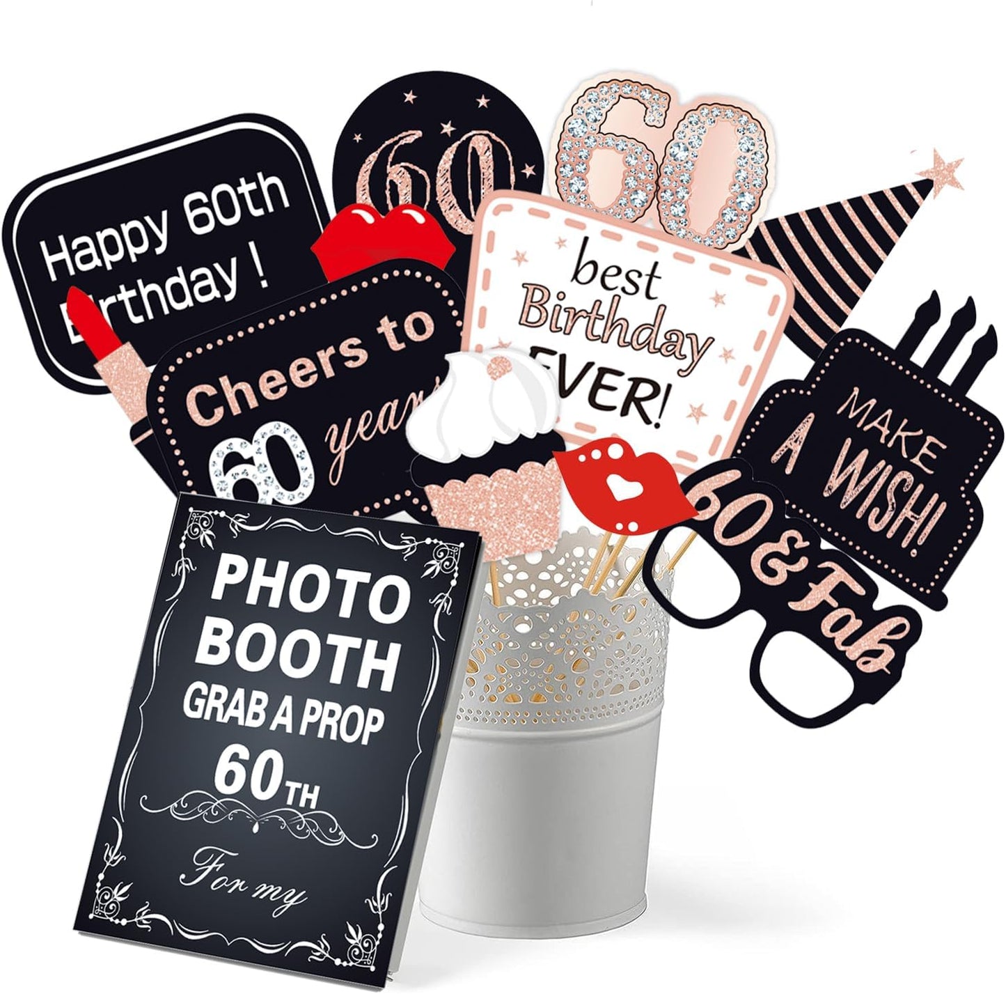 32pcs 60th Birthday Photo Booth Props for Men Women, 60 Birthday Selfie Props Kit, Classic Black Gold Happy 60th Birthday Party Supplies, Cheers to 60 Years Old Bday Decor