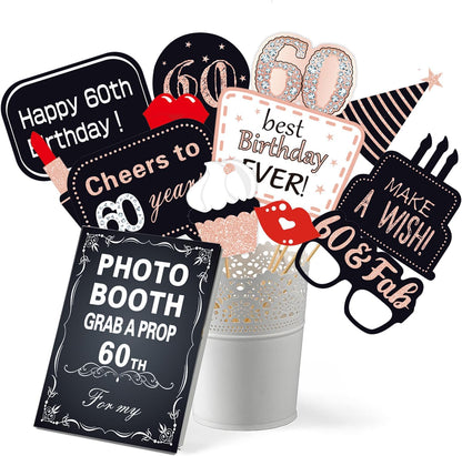 32pcs 60th Birthday Photo Booth Props for Men Women, 60 Birthday Selfie Props Kit, Classic Black Gold Happy 60th Birthday Party Supplies, Cheers to 60 Years Old Bday Decor