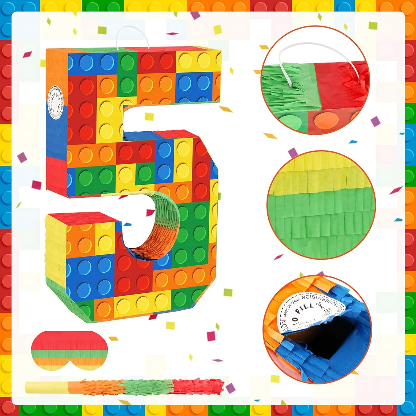 Number 7 Pinata Building Blocks with Pinata Stick Blindfold 7th Birthday Party Decorations Happy Birthday Building Block Theme Anniversary Party Supplies for Kids (Small, 16 x 10.6 x 3 in)