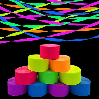 600 feet Glow Crepe Paper Streamers UV Glow Party Neon Streamer Decorations Glow in The Dark Black Light Reactive Fluorescent Neon Paper Party Streamers Wedding Birthday Blacklight Party Supplies