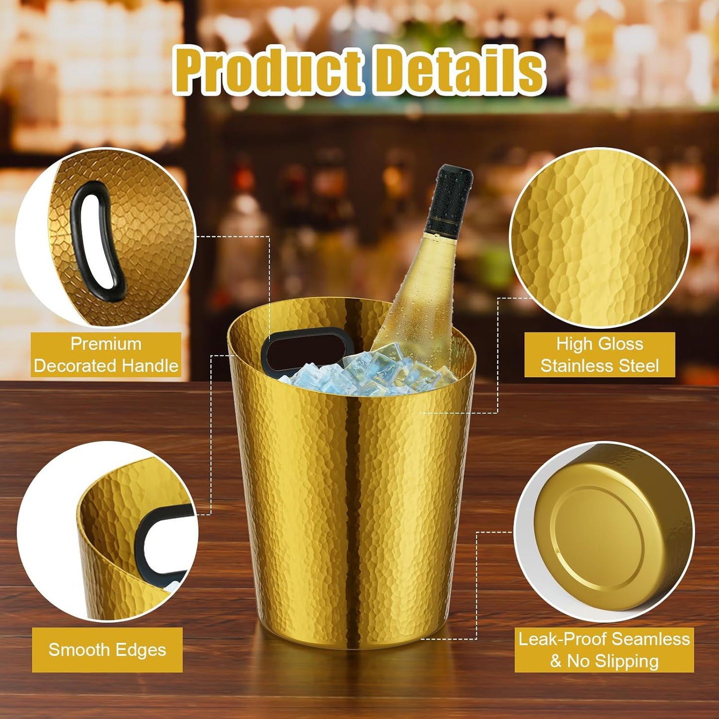 MorningRo 2 Pcs 5 Quart Black Champagne Ice Bucket 4.7 L Metal Doublewall Hammered Stainless Steel Wine Beer Chiller Home Bar Accessories for Football Sports Wedding Party Summer BBQ (Beveled Mouth)
