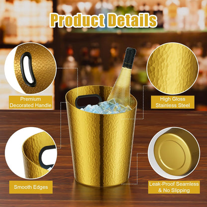 MorningRo 2 Pcs 5 Quart Black Champagne Ice Bucket 4.7 L Metal Doublewall Hammered Stainless Steel Wine Beer Chiller Home Bar Accessories for Football Sports Wedding Party Summer BBQ (Beveled Mouth)