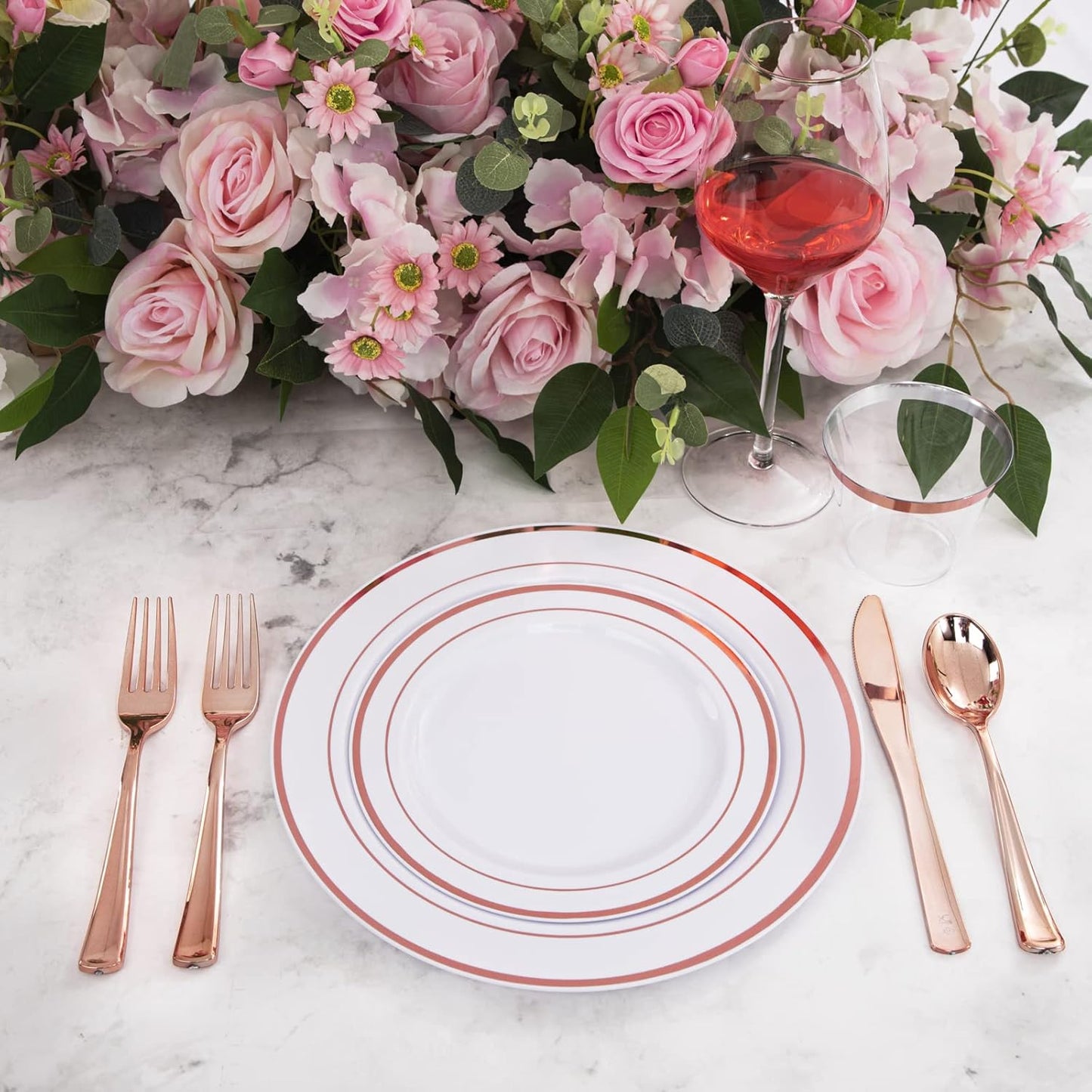 WELLIFE 350-Piece Gold Disposable Plates and Cutlery Set - Premium 10.25" Dinner Plates, 7.5" Dessert Plates, 9oz Cups & Cutlery for Weddings, Catering Events - 50 Guest Service - Elegant & Sturdy