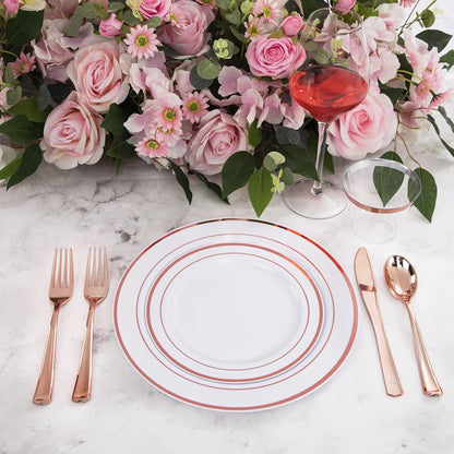 WELLIFE 350-Piece Gold Disposable Plates and Cutlery Set - Premium 10.25" Dinner Plates, 7.5" Dessert Plates, 9oz Cups & Cutlery for Weddings, Catering Events - 50 Guest Service - Elegant & Sturdy