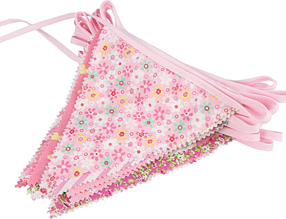 G2PLUS 39Ft Triangle Bunting Banner, 42Pcs Pink Floral Garland Pennant Banner, Reusable Cotton Triangle Flags Party Decoration for Birthday, Wedding, Garden Tea Party, Baby Shower, Room Decor