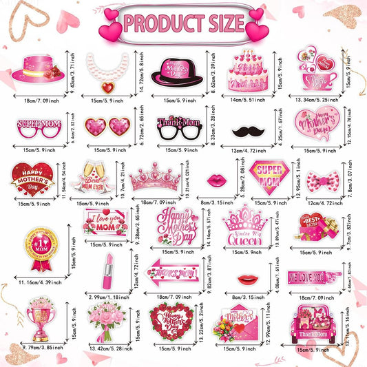 30Pcs Mother's Day Photo Booth Props Birthday Photography Posing Selfie Photobooth Props Funny Colorful Floral Happy Mother's Day Mum Props Decorations Party Supplies