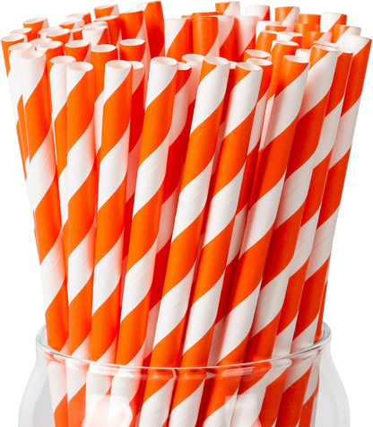 PakTalk 100 Pack Red Straws, Disposable Red and White Biodegradable Paper Striped Straws for Cocktail, Milkshake, Coffee, Lemonade (0.24" x 7.75")