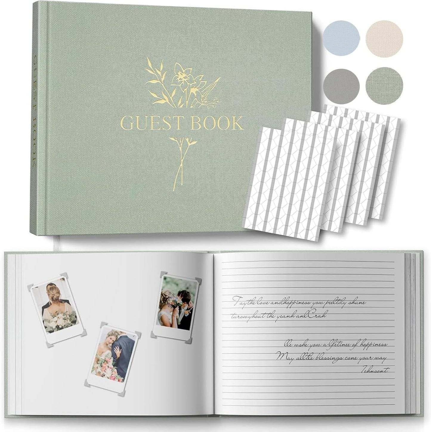 Wedding Guest Book for Memorial Service with 216 Photo Corners Stickers, Linen Guestbook to Sign at Bridal Shower or Wedding Reception Party,100 Pages, Blank Thick Paper Books for Baby Shower- Sage