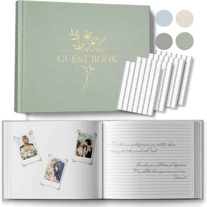 Wedding Guest Book for Memorial Service with 216 Photo Corners Stickers, Linen Guestbook to Sign at Bridal Shower or Wedding Reception Party,100 Pages, Blank Thick Paper Books for Baby Shower- Sage