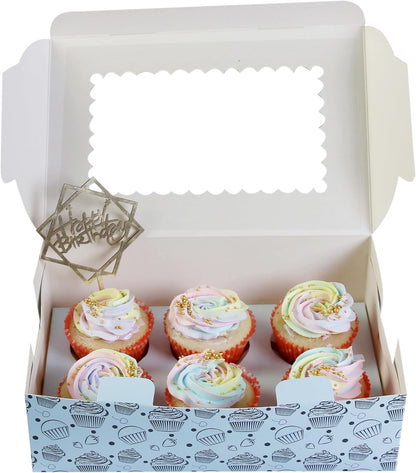 20-Pack Brown Cupcake Boxes with Insert Trays, Tags and Twine | Food Grade Kraft Bakery Boxes with Window to Fit 6 Cupcakes