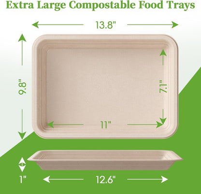 ECOLipak 100 Pack 14 Inch Disposable Food Crawfish Trays, Compostable Large Paper Plates, Disposable Thanksgiving Trays for Serving Food, Turkey, BBQ, Seafood Boil Party Supplies(White)
