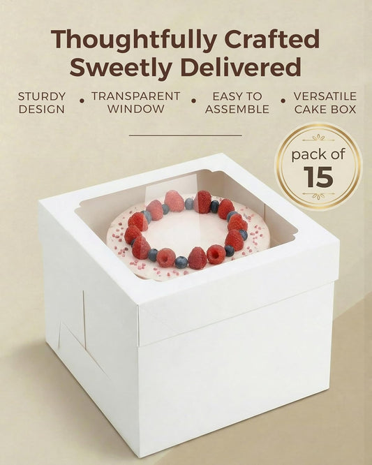 12x12x8 Inch Cake Boxes 20 pcs, Large 12 Inch Cake Box with Window for 8 Inch Tall Tiered Bakery Cakes, Pies, Sturdy Square White Cardboard, Cake Decorating Supplies (80 Pcs Stickers)