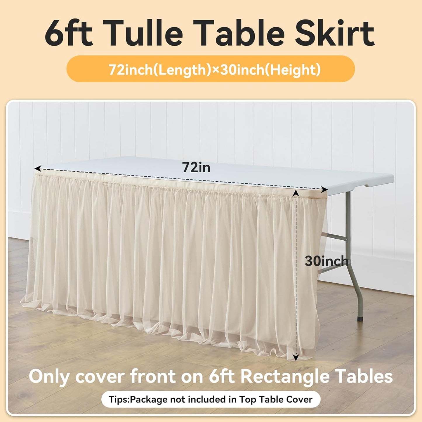 72inch Champagne Gold Tulle Table Skirts for Rectangle Round Tables, Gold Grim Ruffle Tulle Tutu Cloth Table Skirt 6ft for Wedding Birthday Party Cake Dessert Decor(No Top Cover)