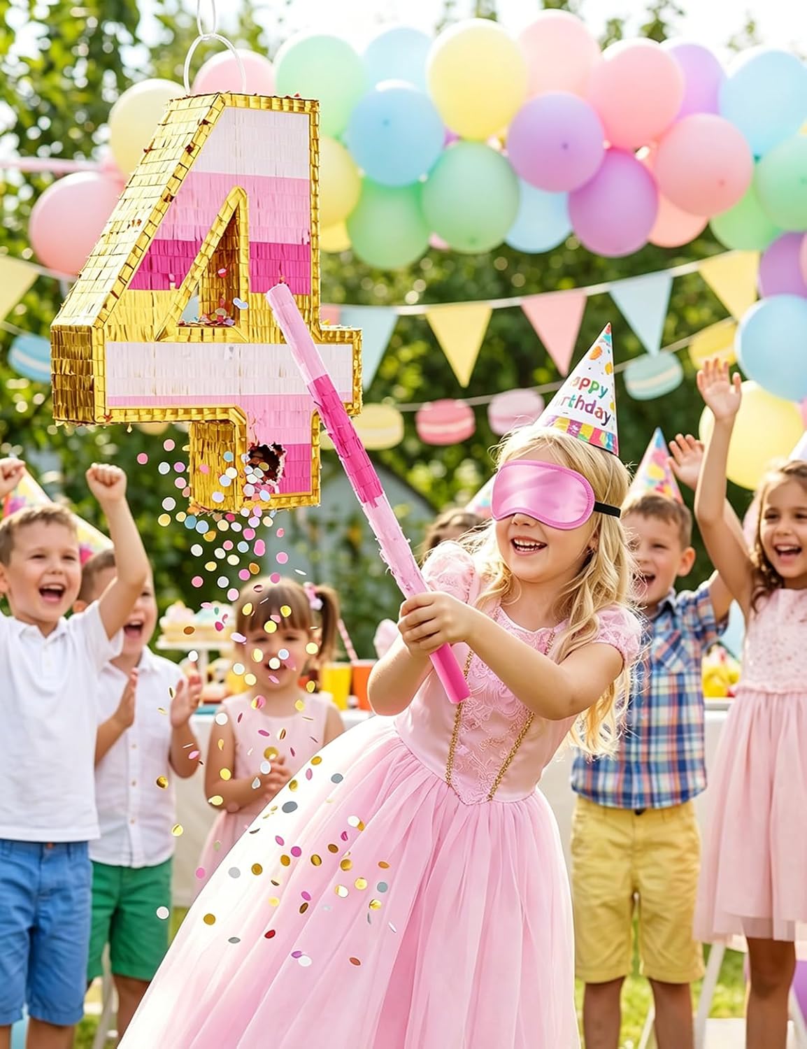 Number 5 Piñata with Stick, Blindfold & Confetti-Pink Piñata for Birthday Parties, Complete Party Game Set for Kids Girls-Gradient Pink Birthday Decor with Fillable Design(Small, 16.5 x 11.5 x 3 In)