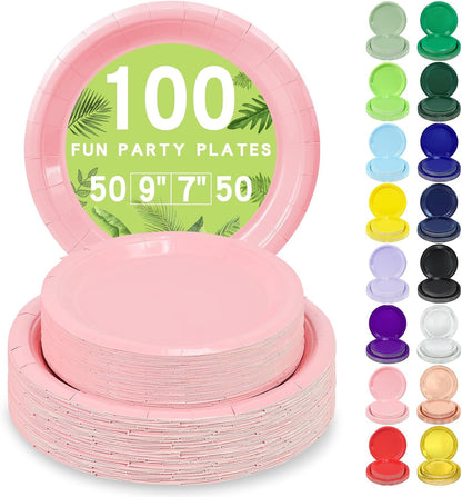 LANLISA 50 Pcs Pink Paper Plates Disposable, 25-9" & 25-7" Disposable Birthday Cake Dessert Plates For Valentines Day, Baby Shower, Easter Party, Mothers Day Party Supplies