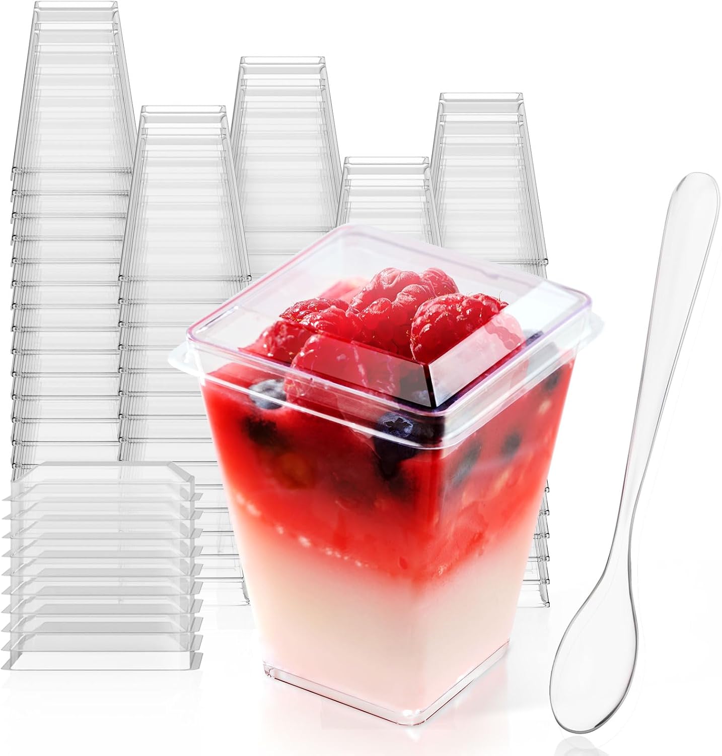 JOLLY CHEF 50 Pack 5 oz Plastic Dessert Cups with Lids and Spoons, Yogurt Parfait Appetizer Cup for Party, Clear Mini Dessert Shooter for Pudding Fruit Trifle Ice Cream