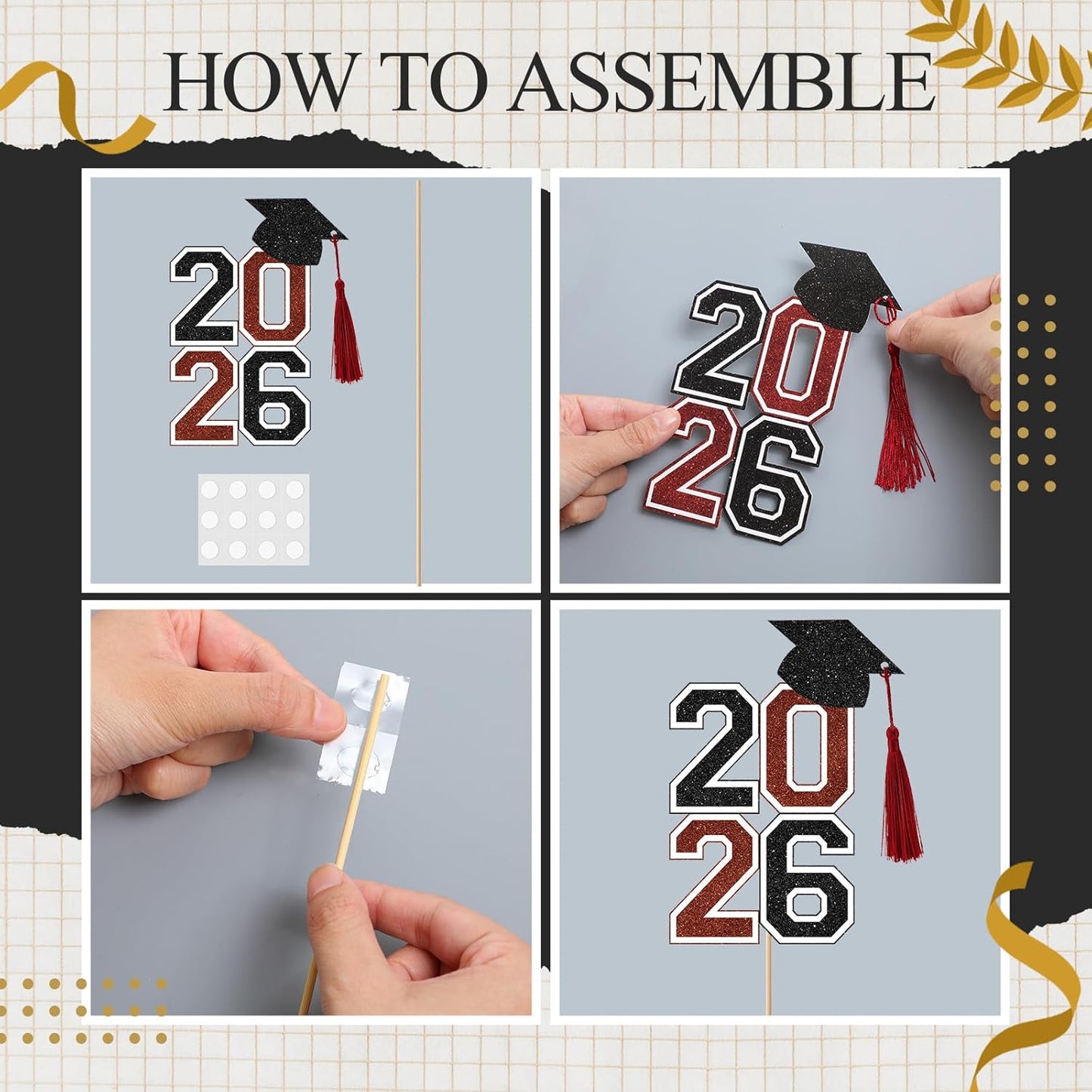 10 Pcs Graduation Table Centerpieces Sticks with Tassels, class of 2026 Grad Cap Picks Table Decoration Cupcake Toppers for Party Centerpiece Decoration Supplies(Blue and Gold)