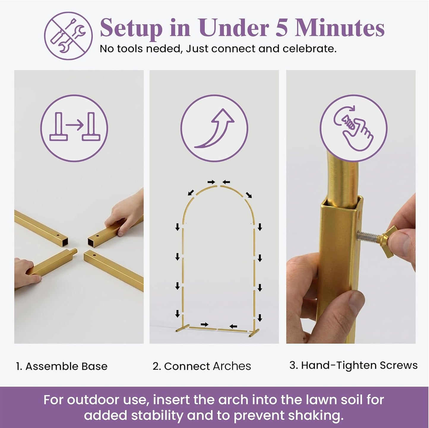3 Pack Gold Metal Arch Backdrop Stand Set - 6FT, 5FT, 4FT Balloon Stand for Weddings Ceremony, Parties, and Baby Showers - Door Frame Backdrop Stand