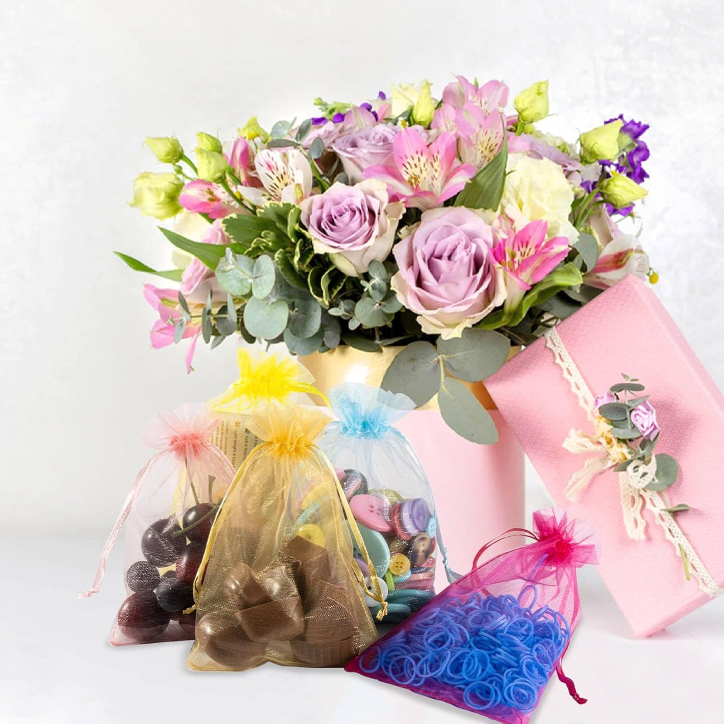 Sukh 120PCS Organza Bags 4''x6'' - Muticolor Small Sachet Jewelry Gift Favor Bags Drawstring Mesh Bags Gifts Valentines Wedding Eid Mubarak Halloween Eve Christmas New Year Party Candy Fruit Wrap Bulk
