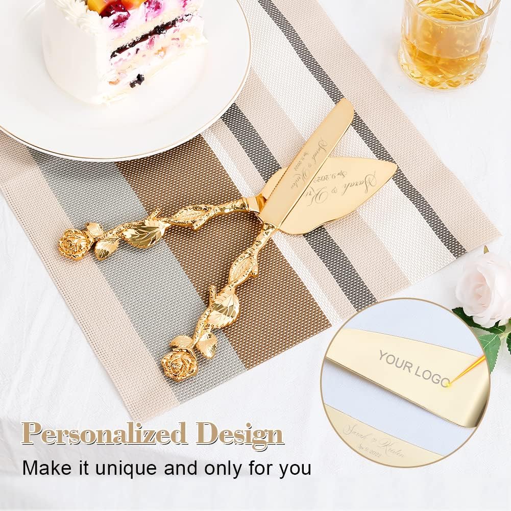 Cake Cutting Set for Wedding, Personalized Gold Cake Knife and Server Set, Custom Cake Serving Set, Engraved Pastry Pie Server Cake Pizza Cutter, Birthday Bridal Gift (F-Classic)